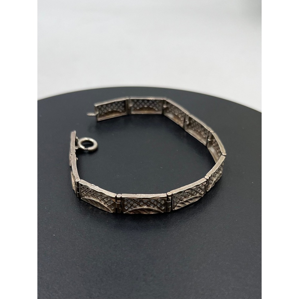 Vintage 925 Sterling Art Deco Panel Link Filigree Bracelet - Picture 4 of 15